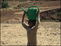 An Ethiopian boy carries a water container on his head